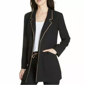 Eileen Fisher Silk Georgette Crepe Long Piped Trim Jacket Blazer Women Medium